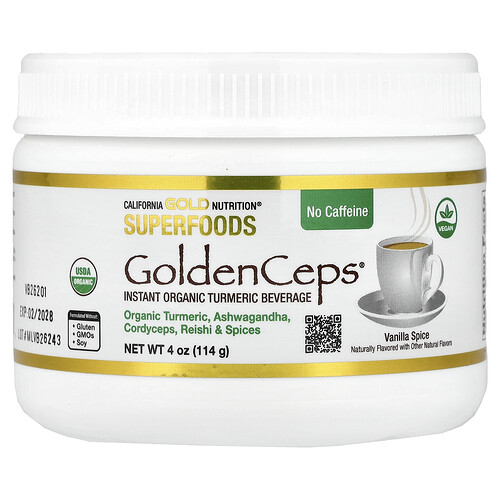 California Gold Nutrition スーパーフーズ GoldenCeps® オーガニック ターメリック ウィズ アシュワガンダ、コルディセプス、レイシ 4 oz (114 g)
