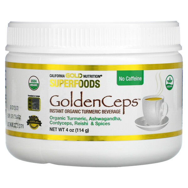 California Gold Nutrition, GoldenCeps, органическая куркума с адаптогенами, 114 г (4 унции)