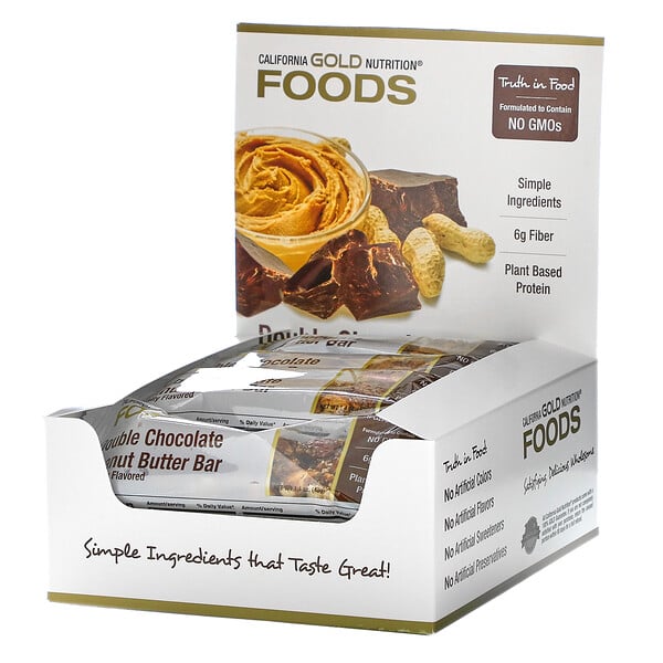 California Gold Nutrition, FOODS, Double Chocolate Peanut Butter Flavor Bars, 12 Bars, 1.4 oz (40 g) Each