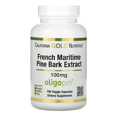 California Gold Nutrition Oligopin, экстракт коры французской приморской сосны, полифенольный антиоксидант, 100 мг, 180 растительных капсул