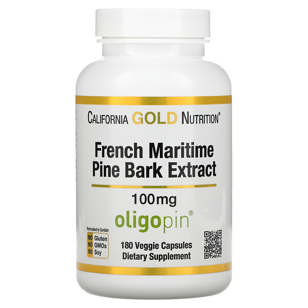 Oligopin, экстракт коры французской приморской сосны, полифенольный антиоксидант, 100 мг, 180 растительных капсул