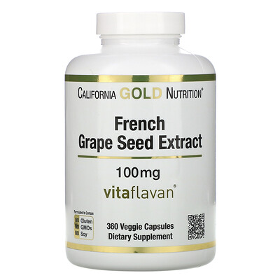 California Gold Nutrition VitaFlavan, экстракт косточек французского винограда, полифенольный антиоксидант, 100 мг, 360 растительных капсул