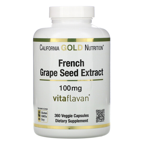 California Gold Nutrition, Extracto de semilla de uva francesa, Vitaflavan, Polifenoles antioxidantes, 100 mg, 360 cápsulas vegetales