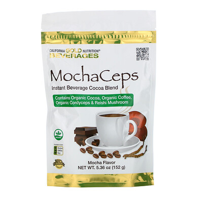 California Gold Nutrition MochaCeps, быстрорастворимый напиток с ароматом кофе мокко с органическим какао, кофе, грибами кордицепс и рейши, 152 г (5,36 унции)