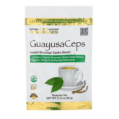 California Gold Nutrition GuayusaCeps, смесь для сердечно-сосудистой системы, растворимый напиток с органическим падубом гуайюса, виноградными косточками, чагой и кордицепсом, 60 г (2,12 унции)