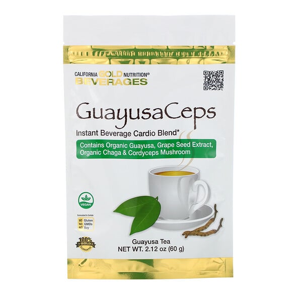 California Gold Nutrition, GuayusaCeps, смесь для сердечно-сосудистой системы, растворимый напиток с органическим падубом гуайюса, виноградными косточками, чагой и кордицепсом, 60 г (2,12 унции)