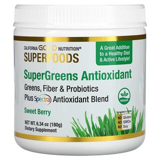 California Gold Nutrition, SUPERALIMENTOS - Antioxidante Supergreens, Verduras, Fibras e Probióticos, Bagas Doces, 180 g (6,34 oz)