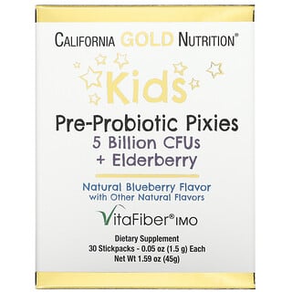 California Gold Nutrition, Pixies preprobióticos para niños, 5000 millones de UFC más saúco, Sabor natural a arándano azul, 30 sobres, 1,5 g (0,05 oz) cada uno