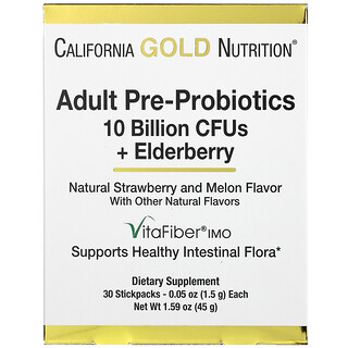 California Gold Nutrition, Pré-Probióticos para Adultos, 10 Bilhões de UFCs + Sabugueiro, Sabor Natural de Morango e Melão, 30 Pacotes, 1,5 g (0,05 oz) Cada