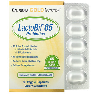 California Gold Nutrition, بروبيوتيك LactoBif‏، 65 مليار وحدة تشكيل مستعمرة، 30 كبسولة نباتية