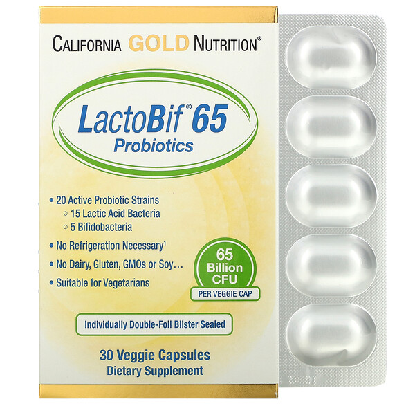 California Gold Nutrition‏, بروبيوتيك LactoBif‏، 65 مليار وحدة تشكيل مستعمرة، 30 كبسولة نباتية