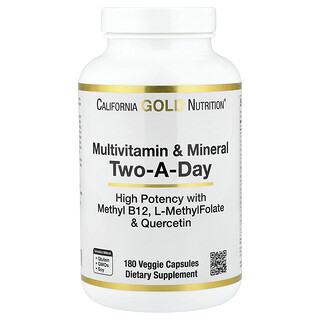 California Gold Nutrition, Multivitamin og mineral med metyl B12, vitamin C, L-metylfolat og bio-quercetin, to-om-dagen, 180 veggiekapsler