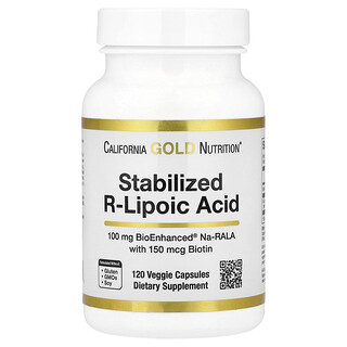 California Gold Nutrition, стабилизированная R-липоевая кислота с Na-RALA Bio-Enhanced® и биотином, 120 растительных капсул