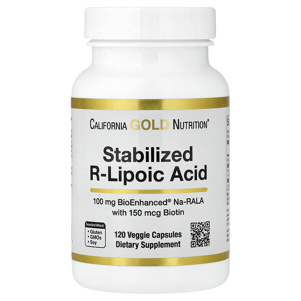 California Gold Nutrition Stabilized R-Lipoic Acid with Bio-Enhanced® Na-RALA and Biotin, 120 Veggie Capsules