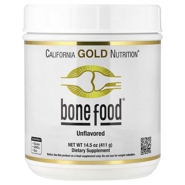 California Gold Nutrition Bone Food with Collagen Peptides, Hyaluronic Acid, plus Vitamins & Minerals, Unflavored , 14.5 oz (411 g)