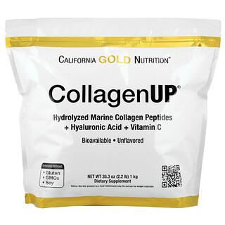 California Gold Nutrition, CollagenUP®, Hydrolysed Marine Collagen Peptides with Hyaluronic Acid and Vitamin C, Unflavoured, 2.2 lb (1 kg)