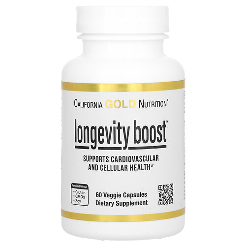 カリフォルニア ゴールド ニュートリション California Gold Nutrition, Longevity Boost、トランスレスベラトロール オリーブ葉エキス ブドウエキスブレンド 中鎖脂肪酸トリグリセリド配合、ベジカプセル60粒