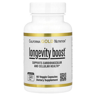 California Gold Nutrition, Longevity Boost avec trans-resvératrol, extrait de feuille d'olivier, mélange d'extraits de raisin et triglycérides à chaîne moyenne, 60 capsules végétales