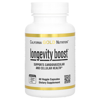 California Gold Nutrition, Longevity Boost with trans-Resveratrol, Olive Leaf Extract, Grape Extract Blend and Medium Chain Triglycerides, 60 Veggie Capsules