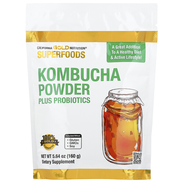 California Gold Nutrition Superfoods, Kombucha Powder with Kombucha, Brewed Apple Cider Vinegar and Soluble Tapioca Fiber Plus Probiotics, 5.64 oz (160 g)