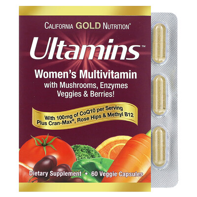 

California Gold Nutrition Ultamins, мультивитаминный комплекс для женщин с коэнзимом Q10, грибами, ферментами, овощами и ягодами, 60 растительных капсул