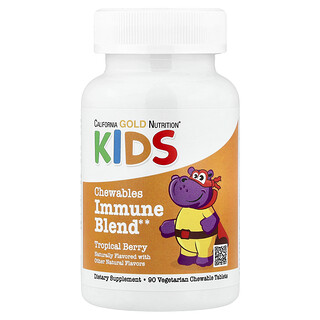 California Gold Nutrition, Mezcla para favorecer el sistema inmunitario con vitamina A, vitamina C, vitamina E y zinc en comprimidos masticables para niños, Sabor natural a bayas tropicales, 90 comprimidos vegetales