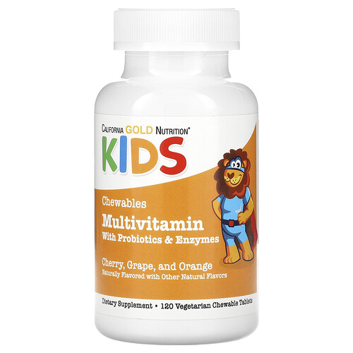 California Gold Nutrition, Multivitamin-Kautabletten mit Probiotika, Enzymen, Vitamin A & C für Kinder, verschiedene Fruchtgeschmacksrichtungen, 120 pflanzliche Tabletten