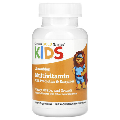 California Gold Nutrition, Suplemento multivitamínico con probióticos, enzimas, vitamina A y vitamina C en comprimidos masticables para niños, Frutas surtidas, 120 comprimidos vegetales