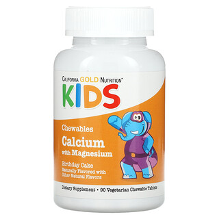 California Gold Nutrition, Pureskeltava kalsium ja magnesium lapsille, syntymäpäiväkakku, 90 kasvistablettia