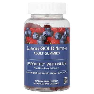 California Gold Nutrition, Gomitas de probióticos e inulina con mezcla de extractos de bayas, folato, vitamina C e inulina orgánica, Sabor natural a bayas mixtas, 90 gomitas vegetales
