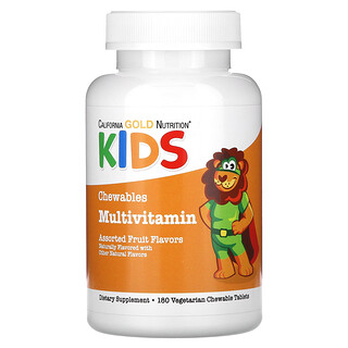 California Gold Nutrition, Suplemento multivitamínico con vitamina A, vitamina C, vitamina E y manzana en polvo en comprimidos masticables para niños, Frutas surtidas, 180 comprimidos vegetales