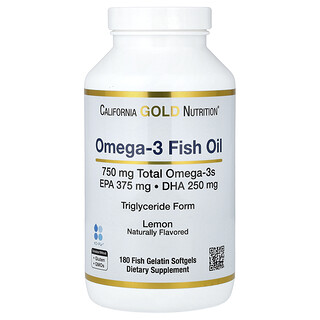 California Gold Nutrition, Aceite de pescado noruego con omega-3 EPA y DHA, Sabor natural a limón, 180 cápsulas blandas