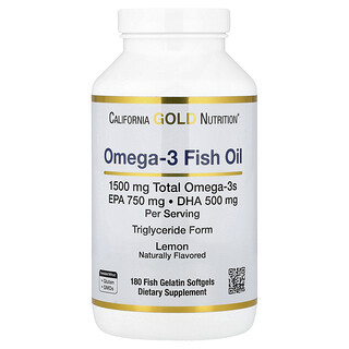 California Gold Nutrition, Норвежский рыбий жир с омега-3, ЭПК и ДГК, со вкусом лимона, 180 мягких капсул из рыбьего желатина (750 мг в 1 капсуле)