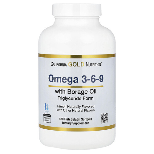 California Gold Nutrition オメガ 3-6-9s フィッシュオイル&ボラージシードオイル EPA DHA GLA リノール酸配合 ナチュラルレモン味 フィッシュゼラチンソフトジェル180粒