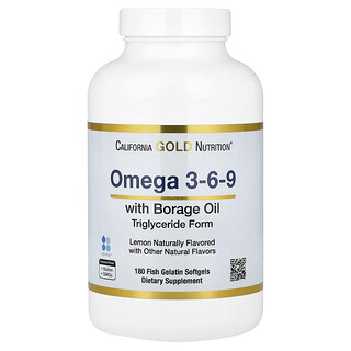 California Gold Nutrition, Omega 3-6-9, met omega-3 visolie en bernagiezaadolie, EPA, DHA, GLA en linolzuur, natuurlijke citroen, 180 softgels van visgelatine.