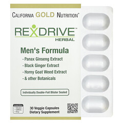 Rexdrive™, рослинна добавка для чоловіків, з екстрактами женьшеню, чорного імбиру, горянки й рослинними сумішами, 30 вегетаріанських капсул