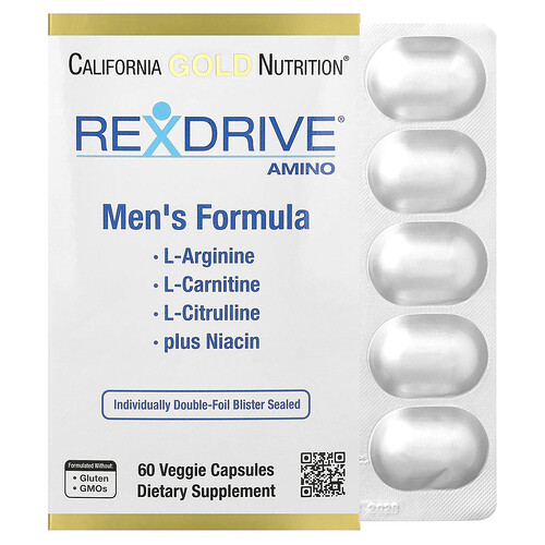 California Gold Nutrition Rexdrive® Amino with L-Arginine HCl, L-Citrulline, Acetyl-L-Carnitine Arginate DiHydrochloride, and Glycine Propionyl-L-Carnitine HCl, Men's Formula, 60 Veggie Capsules