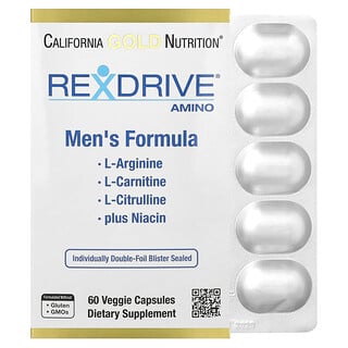 كاليفورنيا غولد نيوتريشن‏, أحماض أمينية من ®Rexdrive معززة بهيدروكلوريد حمض الإل أرجينين، وحمض الإل سيترولين، وثنائي هيدروكلوريد أرجينات إل-كارنيتين الأسيتيلي، وهيدروكلوريد إل-كارنيتين بروبيونيل جلايسين، تركيبة مُعدة للرجال، 60 كبسولة نباتية