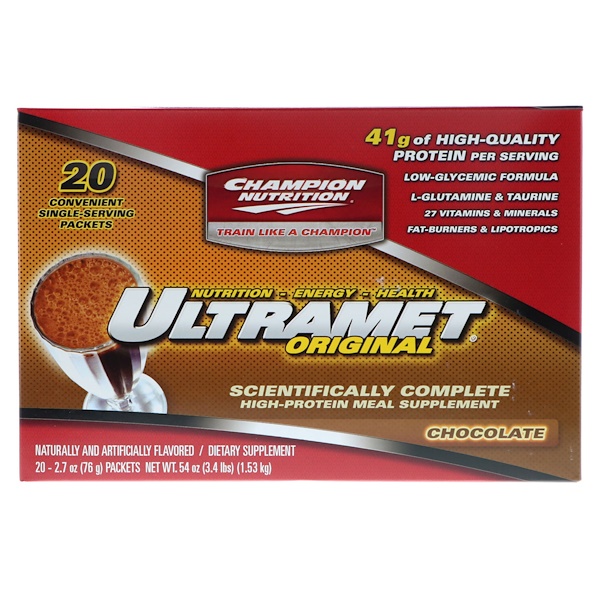 Champion Nutrition, Ultramet Original, пищевая добавка с высоким содержанием белка, шоколад, 20 пакетов, 2,7 унции (76 г) каждый