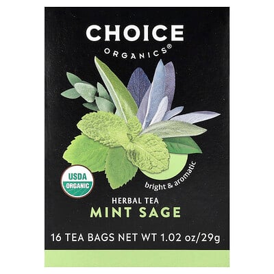 Choice Organic Teas, Herbal Tea, Mint Sage, Caffeine Free, 16 Tea Bags, 1.02 oz (29 g)