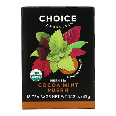 Choice Organic Teas Puerh Tea, какао и мята, 16 чайных пакетиков, 32 г (1,12 унции)