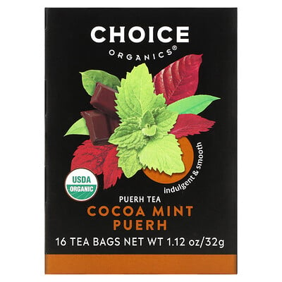 

Choice Organic Teas, Puerh Tea, Cocoa Mint Puerh, 16 Tea Bags, 1.12 oz (32 g)