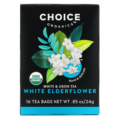Choice Organic Teas White & Green Tea White Elderflower, 16 Tea Bags, 0.85 oz (24 g) Each