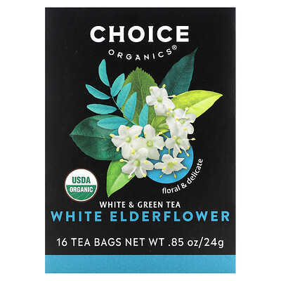Choice Organic Teas Белый и зеленый чай, белая бузина, 16 чайных пакетиков, 24 г (0,85 унции)