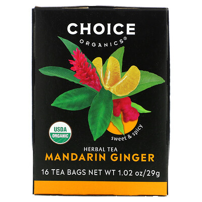 Choice Organic Teas Herbal Tea, мандарин и имбирь, без кофеина, 16 чайных пакетиков, 29 г (1,02 унции)