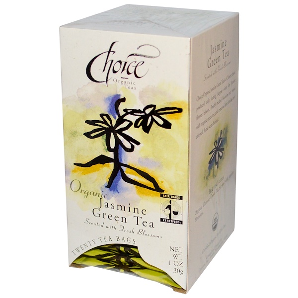 Choice Organic Teas, Jasmine Green Tea, Scented with Fresh Blossoms, 20 Tea Bags, 1 oz (30 g) (Discontinued Item) 