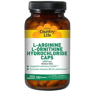 Country Life, L-аргинин и L-орнитина гидрохлорид в капсулах, 1000 мг, 180 капсул