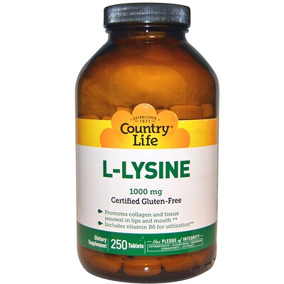 Country Life L-лизин, 1000 мг, 250 таблеток