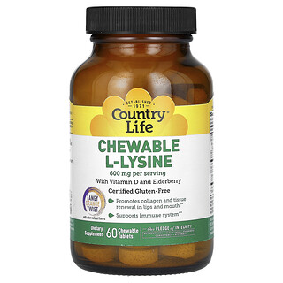 Country Life, L-lisina masticable con vitamina D y saúco, Toque de naranja ácida, 60 comprimidos masticables