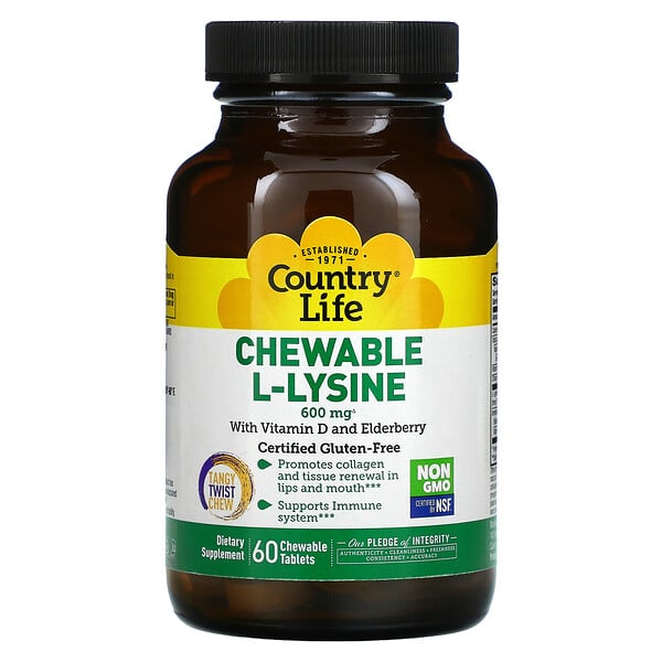 Country Life, Chewable L-Lysine, With Vitamin D and Elderberry, 300 mg, 60 Chewable Tablets